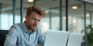 Comparatif PC portable 2025 : Top 10 des meilleurs modèles à choisir Jeune homme professionnel compare deux laptops 2025