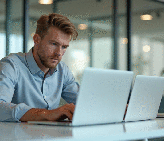 Jeune homme professionnel compare deux laptops 2025