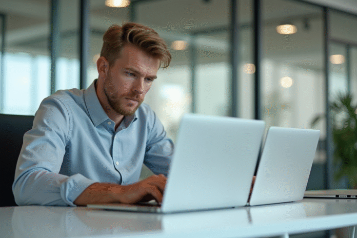 homme-ordinateur-portable-2025 Jeune homme professionnel compare deux laptops 2025