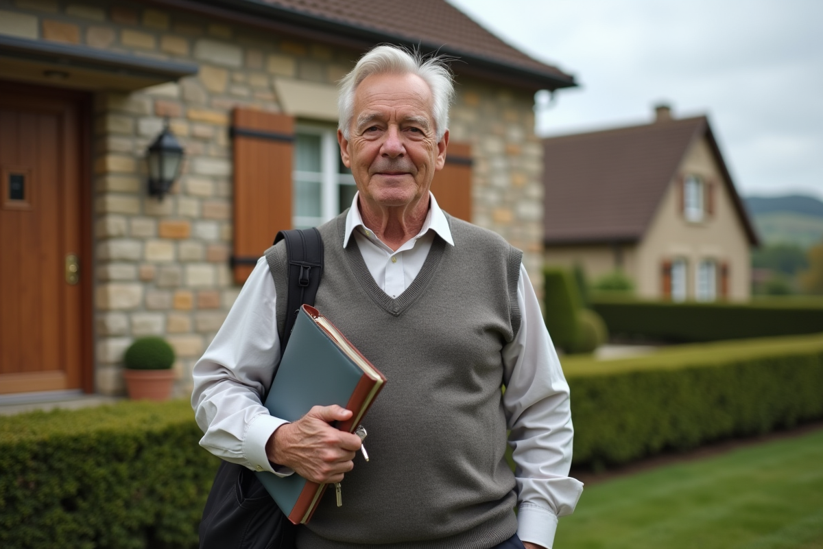 Homme âgé tenant des clés devant une maison de campagne