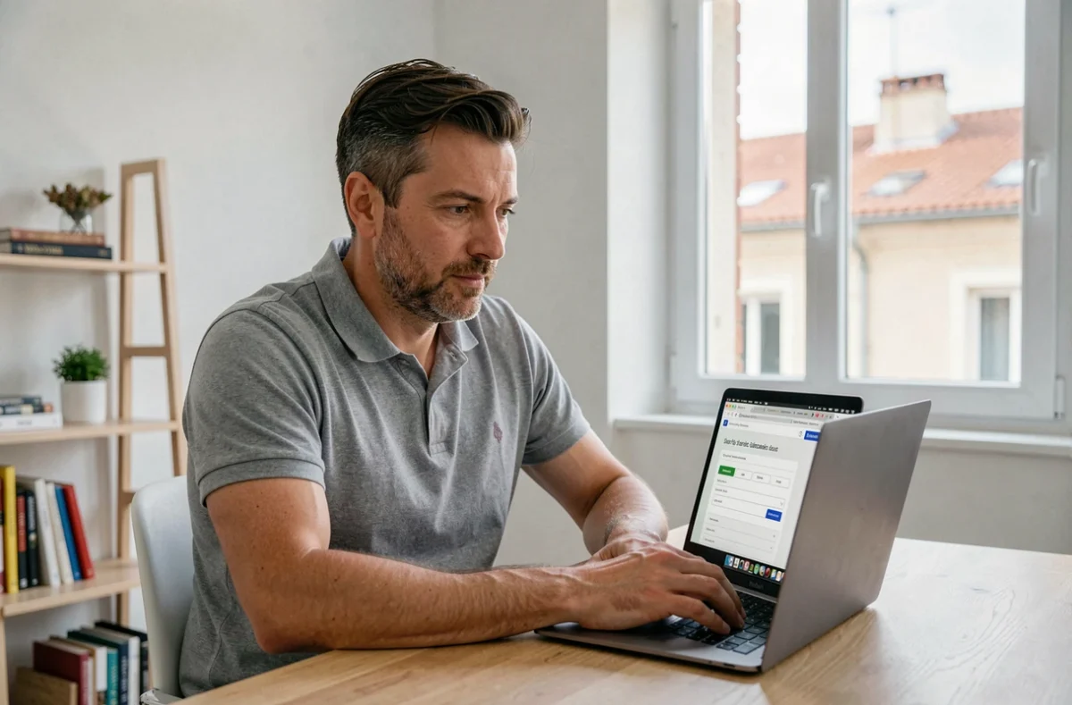 Homme consultant un site de recherche de code postal de Montpellier sur un ordinateur portable à domicile