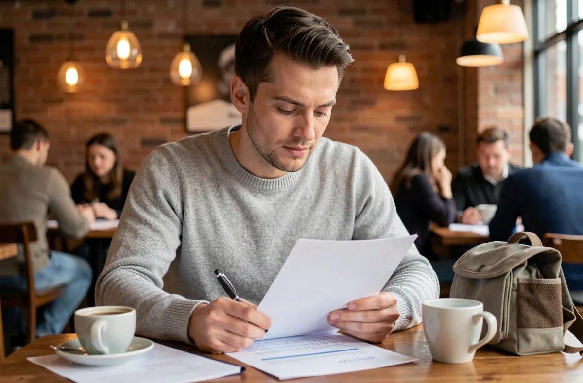 Homme relisant une lettre de motivation pour un emploi d'animateur dans un café