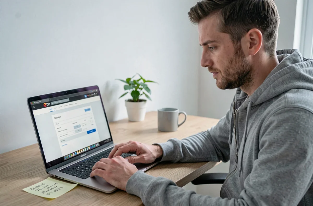 Homme reprogrammant une livraison DPD sur son ordinateur portable depuis son bureau à domicile