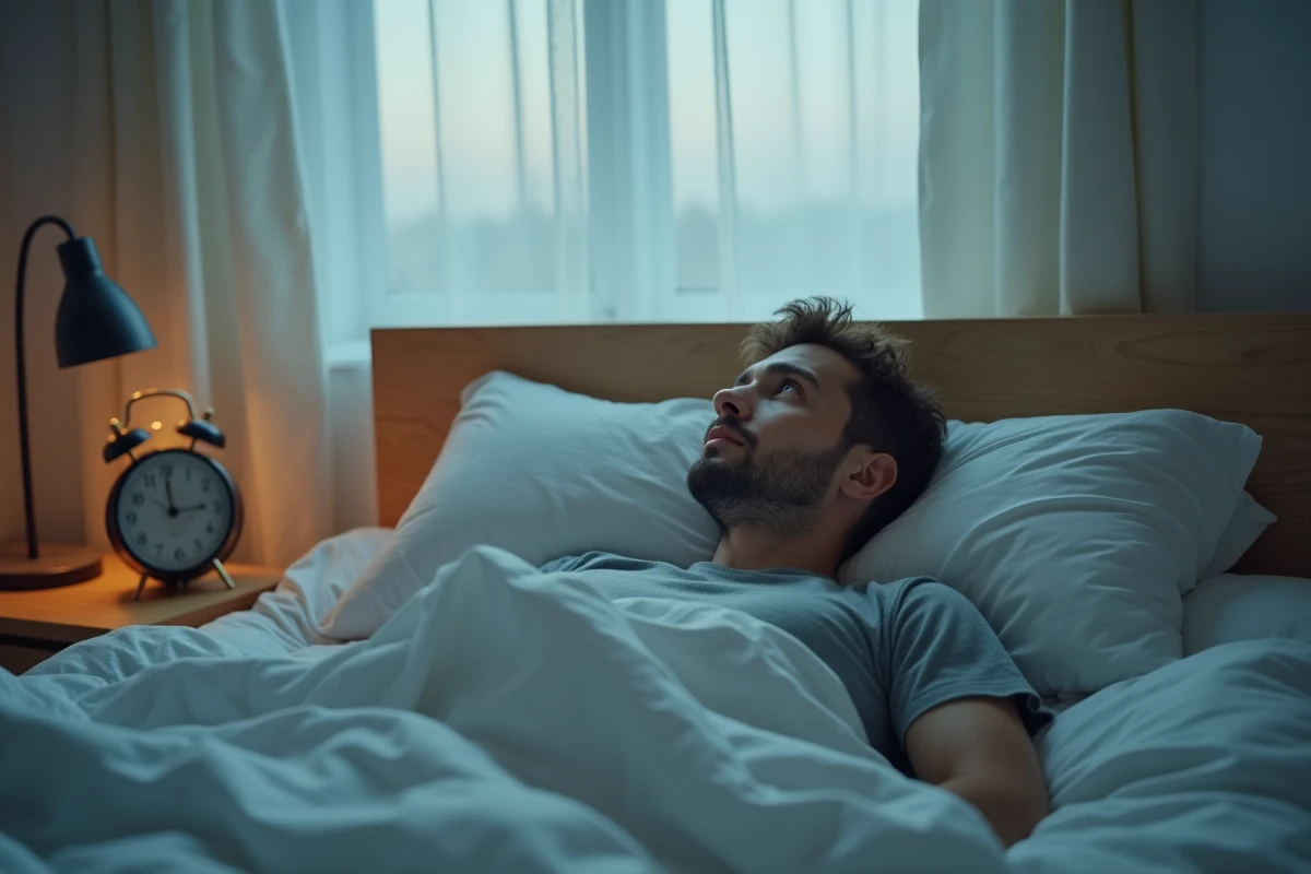 Homme réveillé à 05h55 regardant le plafond pensif avec une horloge analogique sur la table de nuit