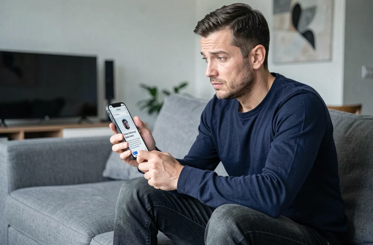 Homme consultant son smartphone avec une erreur de page introuvable dans un salon moderne