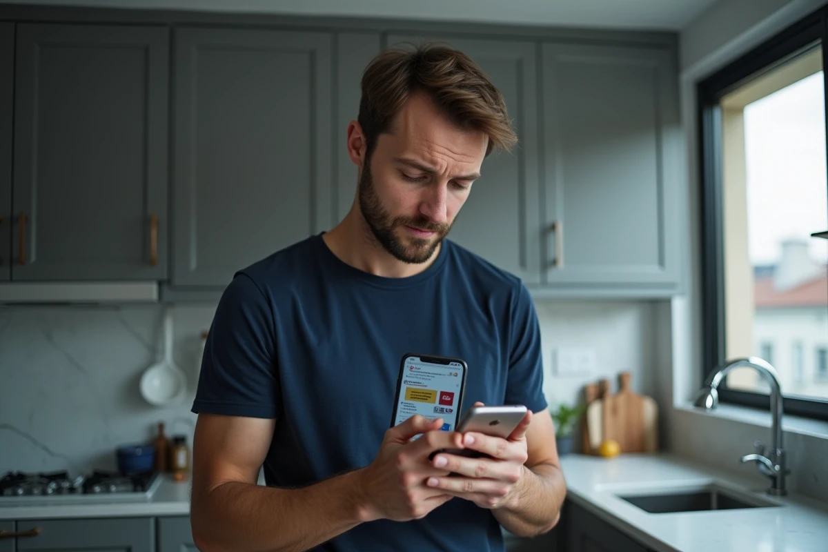 Homme tenant un smartphone affichant un site web avec des pop-ups suspects, illustrant les risques des sites de manga illégaux