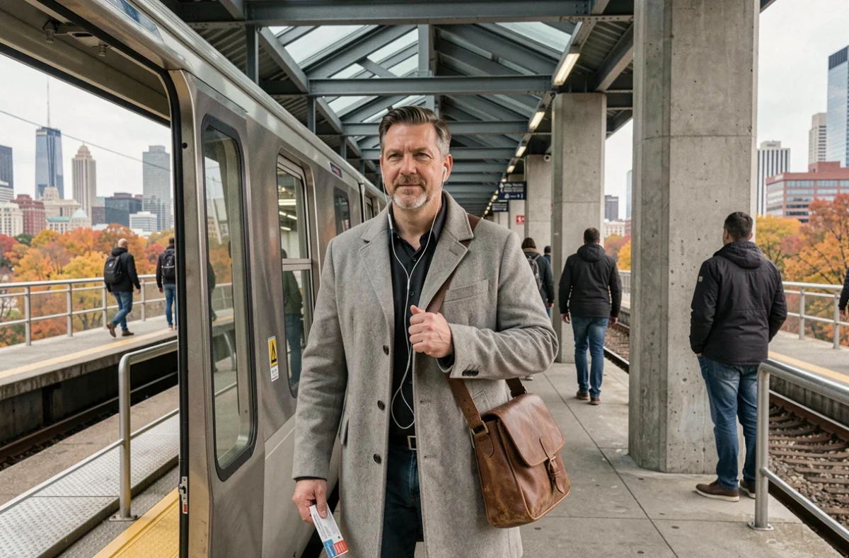 Homme sortant d'une rame de métro aérien ligne 6 lors de son trajet quotidien domicile-travail en ville
