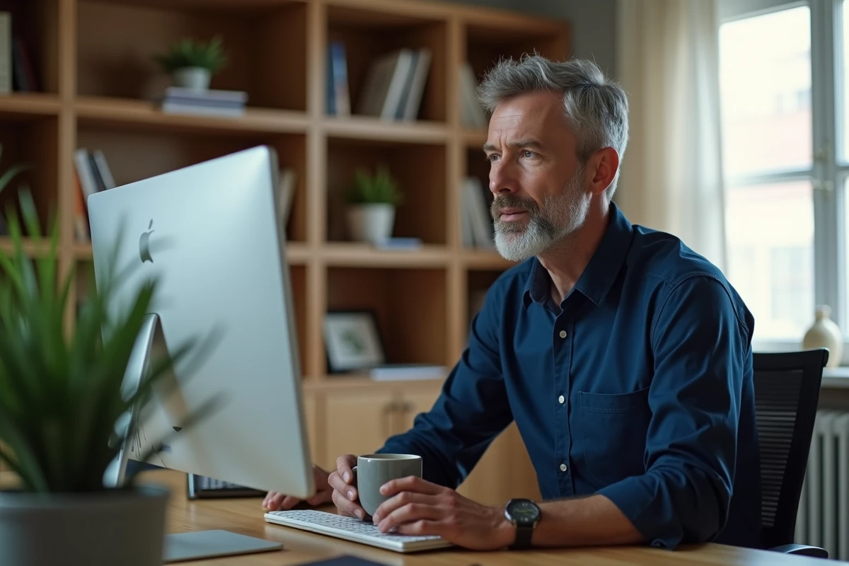 Homme en télétravail relisant un mail professionnel sur un grand écran de bureau à domicile