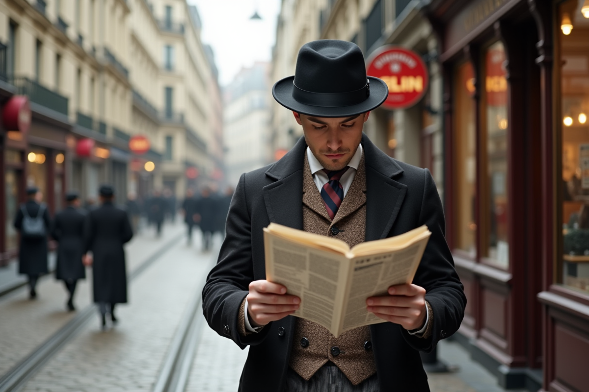 Jeune homme en tenue vintage lisant un journal dans la rue