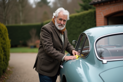 Homme âgé polissant une voiture vintage dans un cadre nostalgique