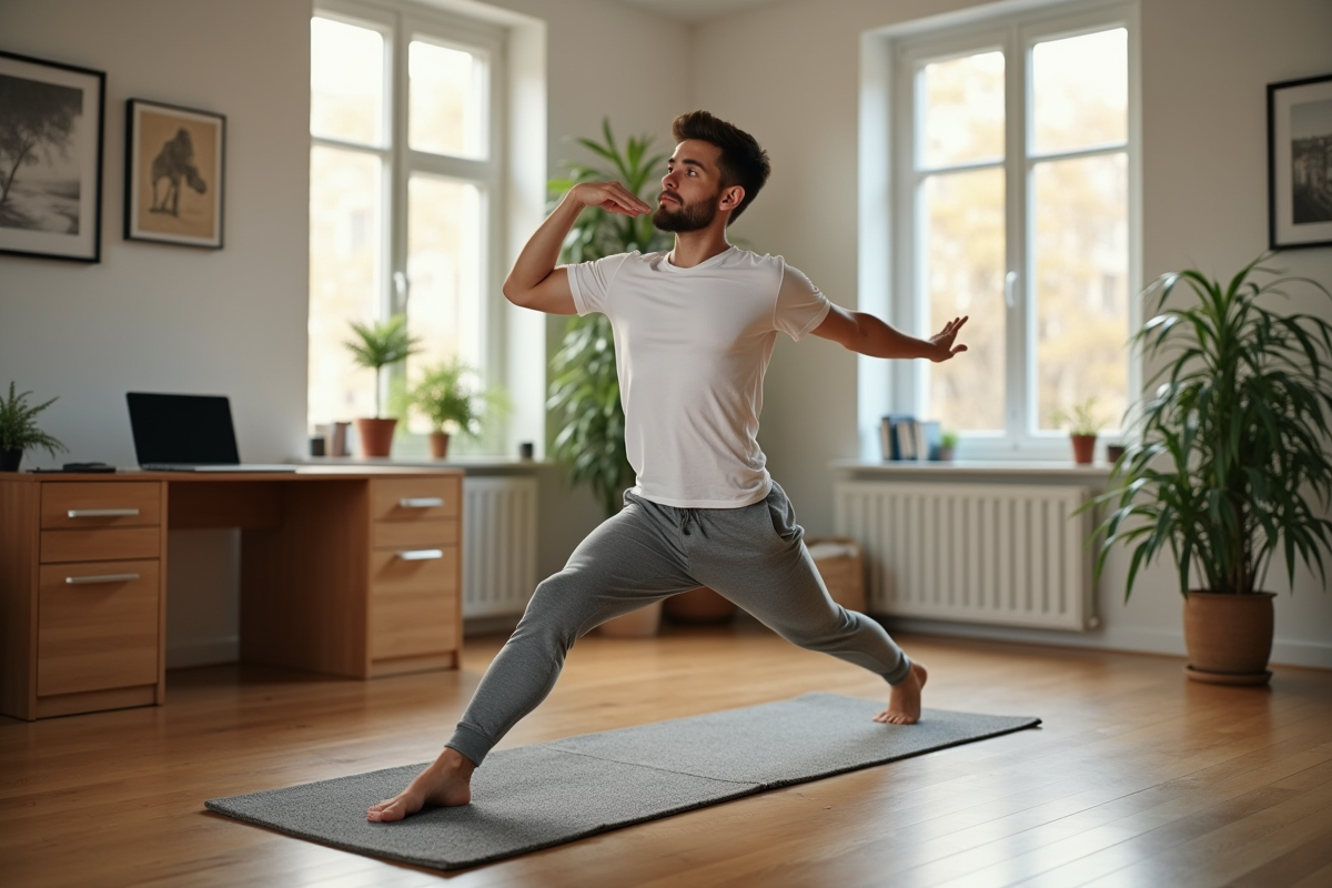 Homme pratique le yoga dans un bureau lumineux à la maison