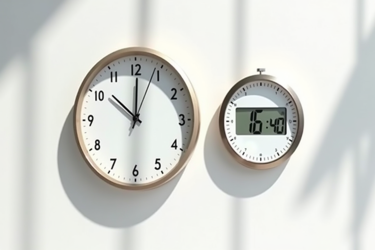 Horloge murale et minuteur digital côte à côte sur fond blanc lumineux