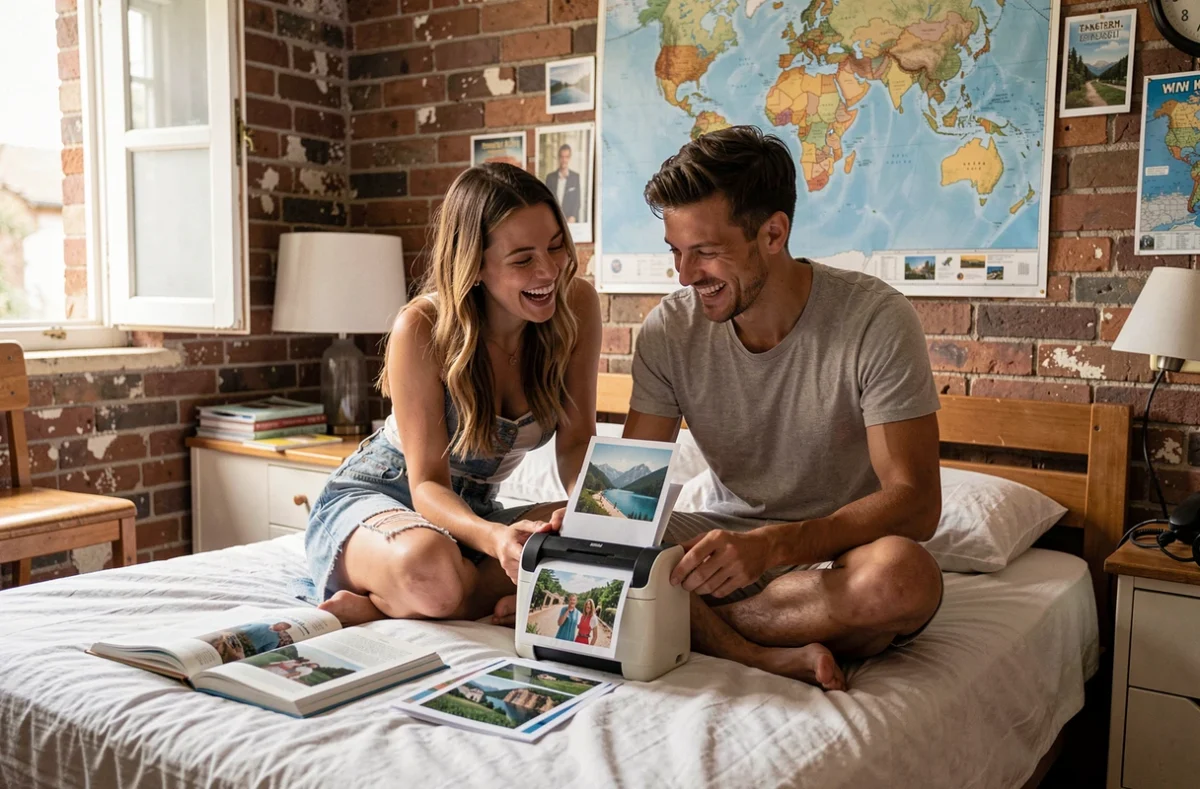 Deux amis voyageurs dans une chambre d'auberge de jeunesse imprimant des photos de voyage avec une petite imprimante photo portable posée sur le lit