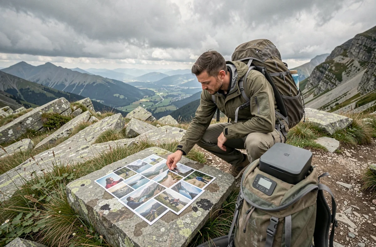 Randonneur accroupi sur un sentier de montagne utilisant une imprimante photo compacte pour imprimer des souvenirs de voyage en plein air