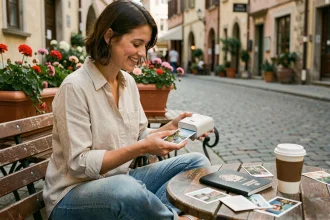Jeune femme en voyage tenant une imprimante photo portable compacte dans un café en plein air avec des rues pavées européennes en arrière-plan