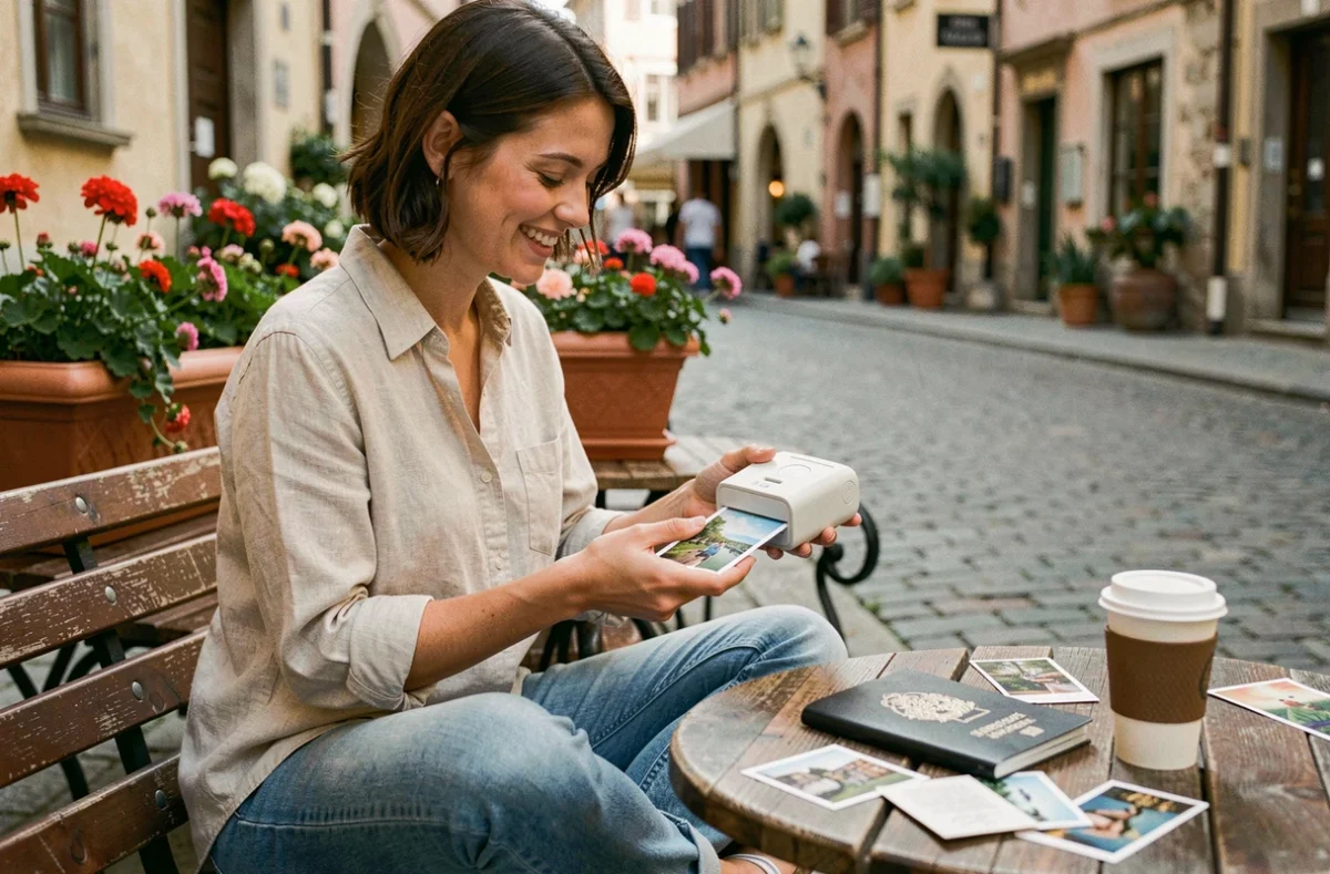 Jeune femme en voyage tenant une imprimante photo portable compacte dans un café en plein air avec des rues pavées européennes en arrière-plan