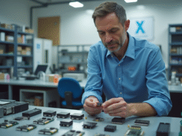 Ingénieur homme en blouse bleue examine composants électroniques