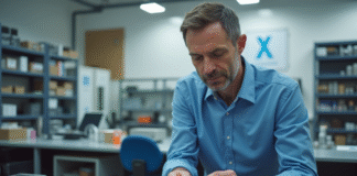 Ingénieur homme en blouse bleue examine composants électroniques