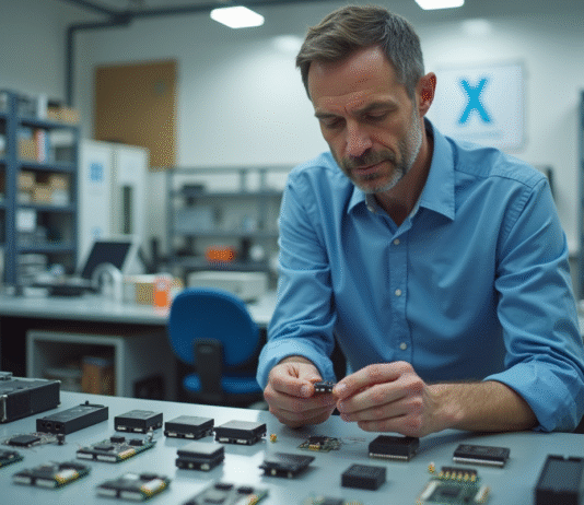 Ingénieur homme en blouse bleue examine composants électroniques