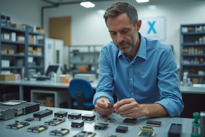 Ingénieur homme en blouse bleue examine composants électroniques