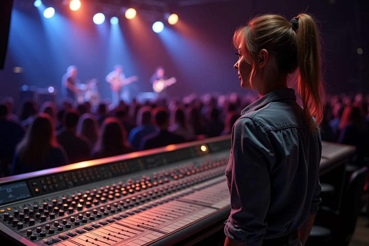 Ingénieure du son en train de régler la console de mixage lors d'un soundcheck pour optimiser un set de guitare sans interférences