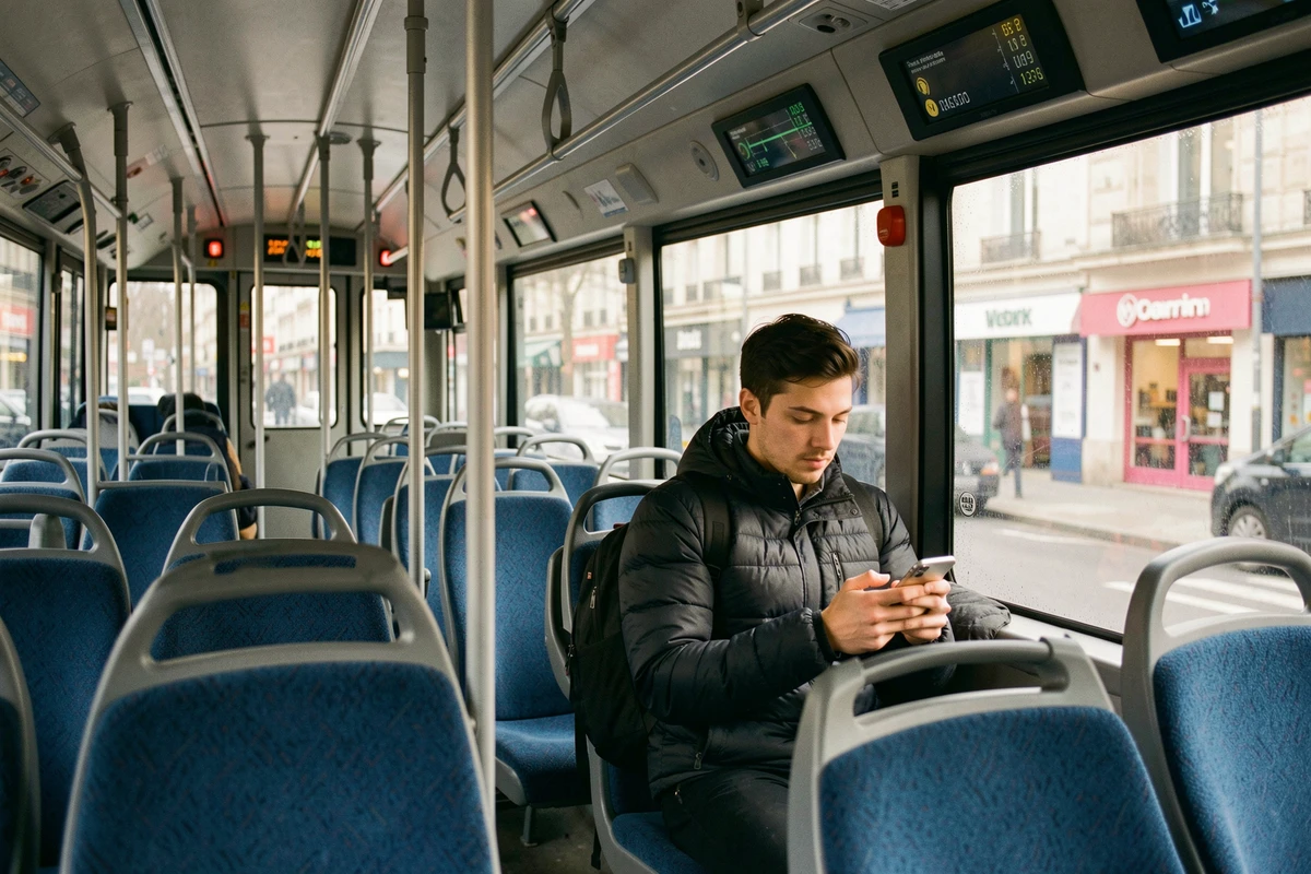 Intérieur d'un bus de ligne urbaine avec passager consultant son téléphone, réseau de transport Sarreguemines