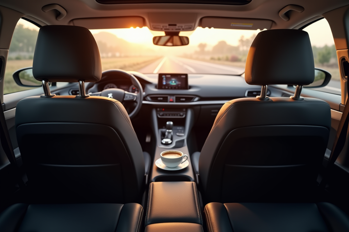 Intérieur de la Peugeot 408 vue du siège arrière avec détails élégants