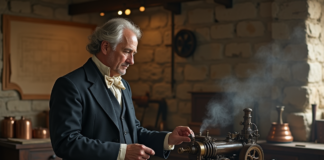 Invention du moteur à eau en France : histoire et inventeur célèbre Inventeur français du XIXe siècle examinant un prototype d'eau engine