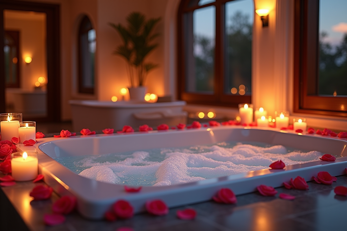 Jacuzzi romantique avec bougies et pétales de rose au crépuscule
