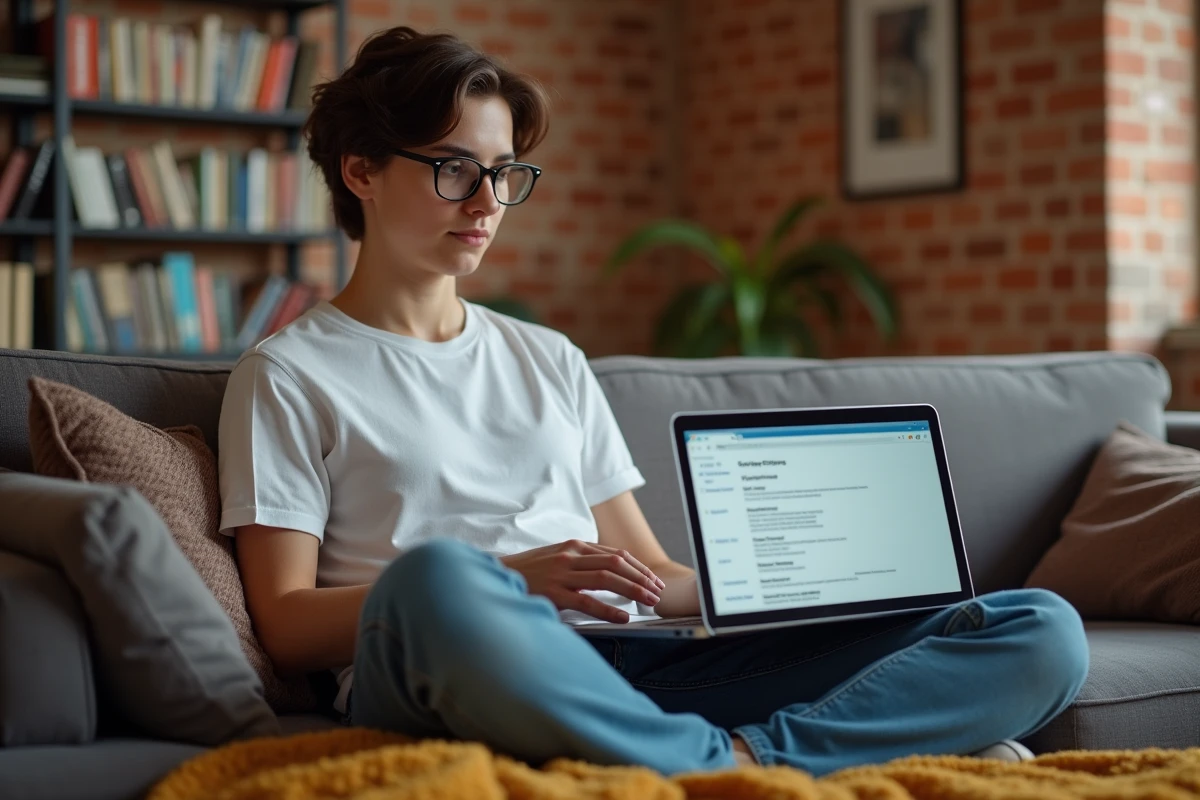 Jeune adulte configurant les paramètres réseau et de confidentialité de son navigateur sur un canapé dans un salon cosy
