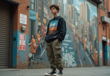 Jeune designer urbain devant un mur de ville coloré