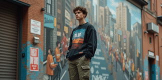 Jeune designer urbain devant un mur de ville coloré