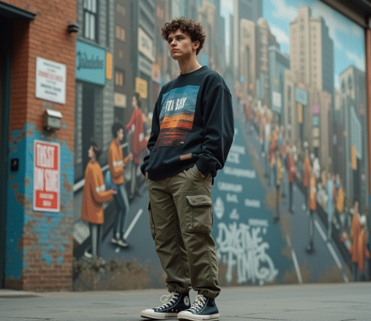 Jeune designer urbain devant un mur de ville coloré