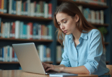 Jeune femme travaillant sur un ordinateur dans une bibliothèque