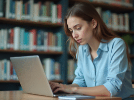 Jeune femme travaillant sur un ordinateur dans une bibliothèque