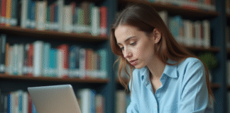 Bac cybersécurité : quel cursus choisir pour se former ? Jeune femme travaillant sur un ordinateur dans une bibliothèque