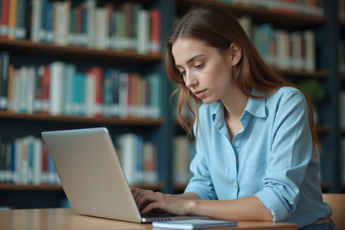 Jeune femme travaillant sur un ordinateur dans une bibliothèque