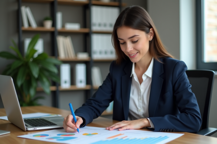 jeune-femme-bilan-budget Jeune femme professionnelle analysant des graphiques de budget