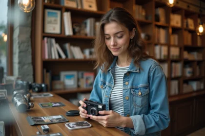 Jeune femme examine un appareil photo réutilisable dans une boutique photo