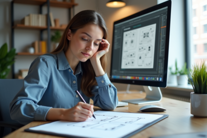 Jeune femme esquissant des wireframes UI dans un bureau lumineux