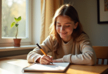 Jeune femme souriante écrivant la lettre O dans un carnet lumineux