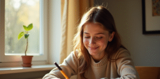 Jeune femme souriante écrivant la lettre O dans un carnet lumineux