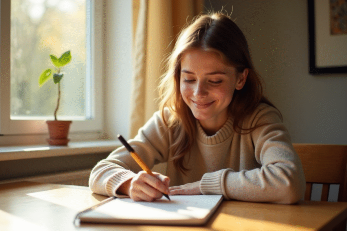 Jeune femme souriante écrivant la lettre O dans un carnet lumineux