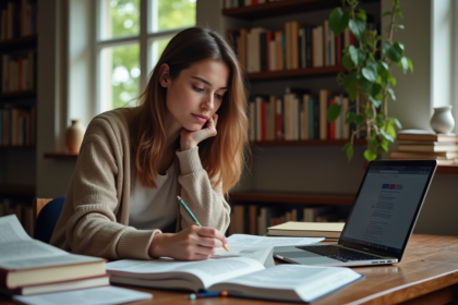 Jeune femme en étude dans un bureau cosy avec livres et ordinateur