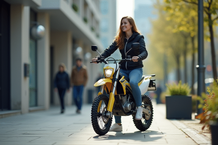 jeune-femme-moto-urbaine Jeune femme en moto urbaine avec veste moderne et bike 125cc