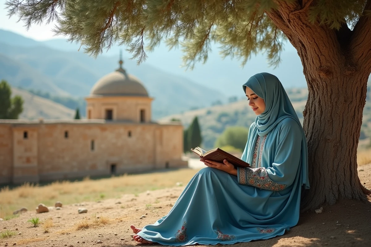 Jeune femme musulmane lisant un Quran en extérieur méditerranéen