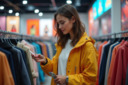 Jeune femme en vêtements tendance vérifiant l'étiquette en magasin