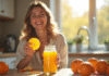 Jeune femme souriante avec jus d'orange et vitamine B12 dans une cuisine lumineuse