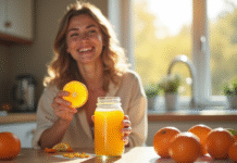 Jeune femme souriante avec jus d'orange et vitamine B12 dans une cuisine lumineuse