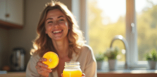 Jeune femme souriante avec jus d'orange et vitamine B12 dans une cuisine lumineuse